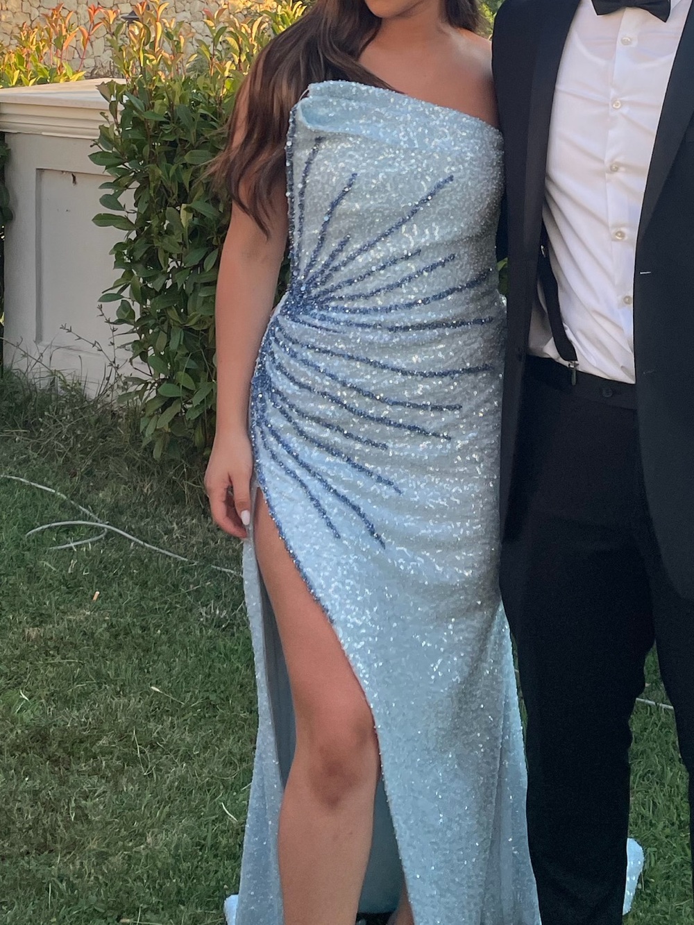 One-Shoulder Silver Sequin Evening Gown with Side Thigh Slit